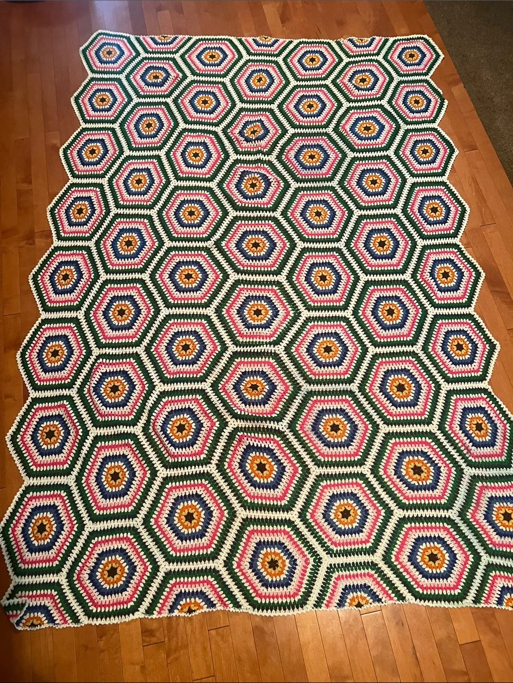 Handmade Hexagon Crochet Throw - Green, Pink, Blue, Yellow